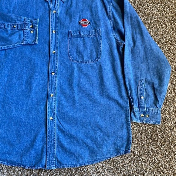 Graphic Sports Shirt Adult 2XL XXL Blue Denim Button Up Long Sleeve Logo Mens - Picture 3 of 11